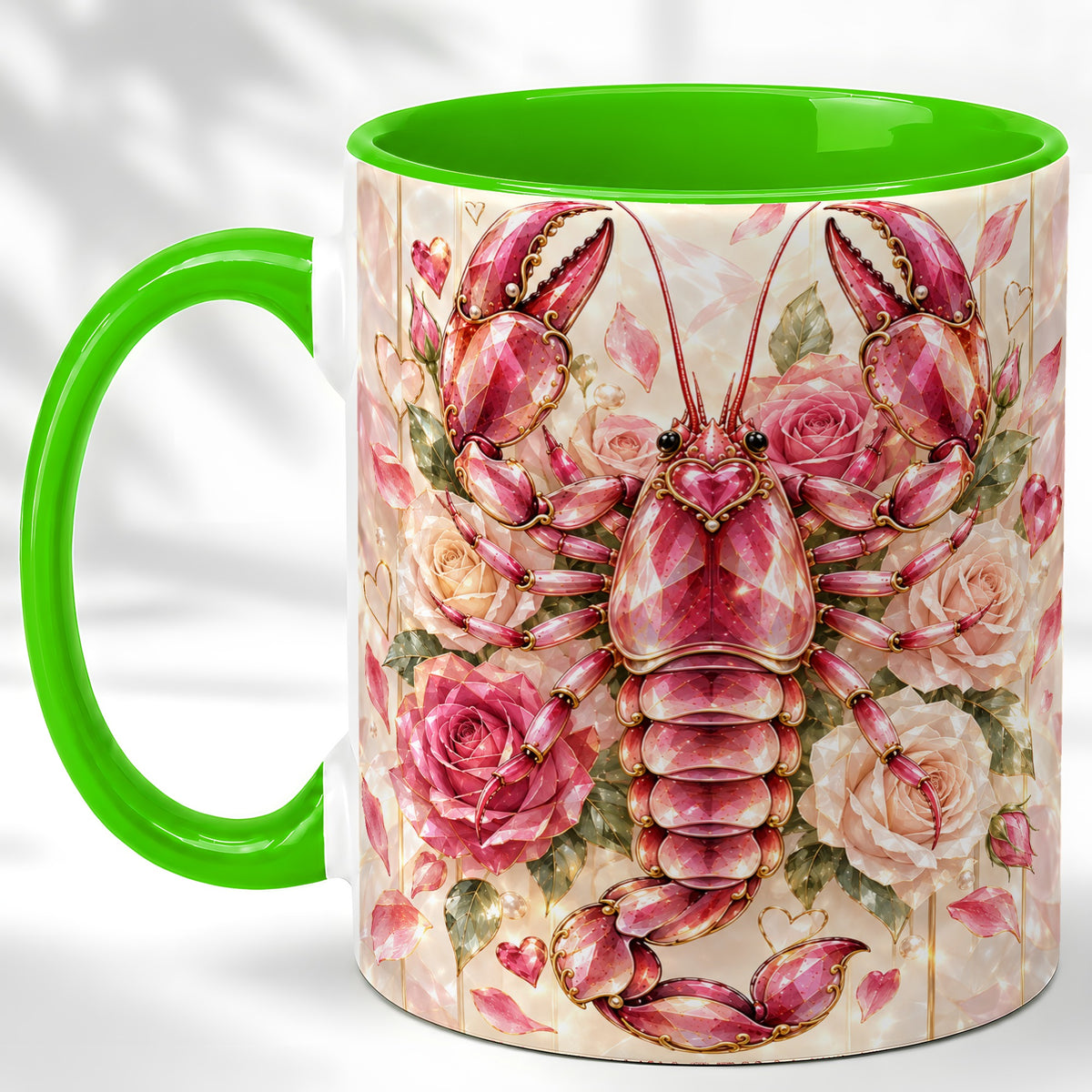 #pl[11oz|Green] Crystal Lobster Coffee Mug, Pink Floral Mug, Ceramic Cup, Rose Art