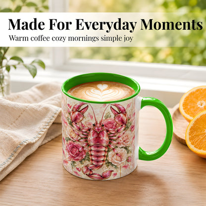 #pl[11oz|Green] Crystal Lobster Coffee Mug, Pink Floral Mug, Ceramic Cup, Rose Art