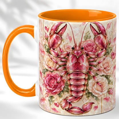 #pl[11oz|Orange] Crystal Lobster Coffee Mug, Pink Floral Mug, Ceramic Cup, Rose Art