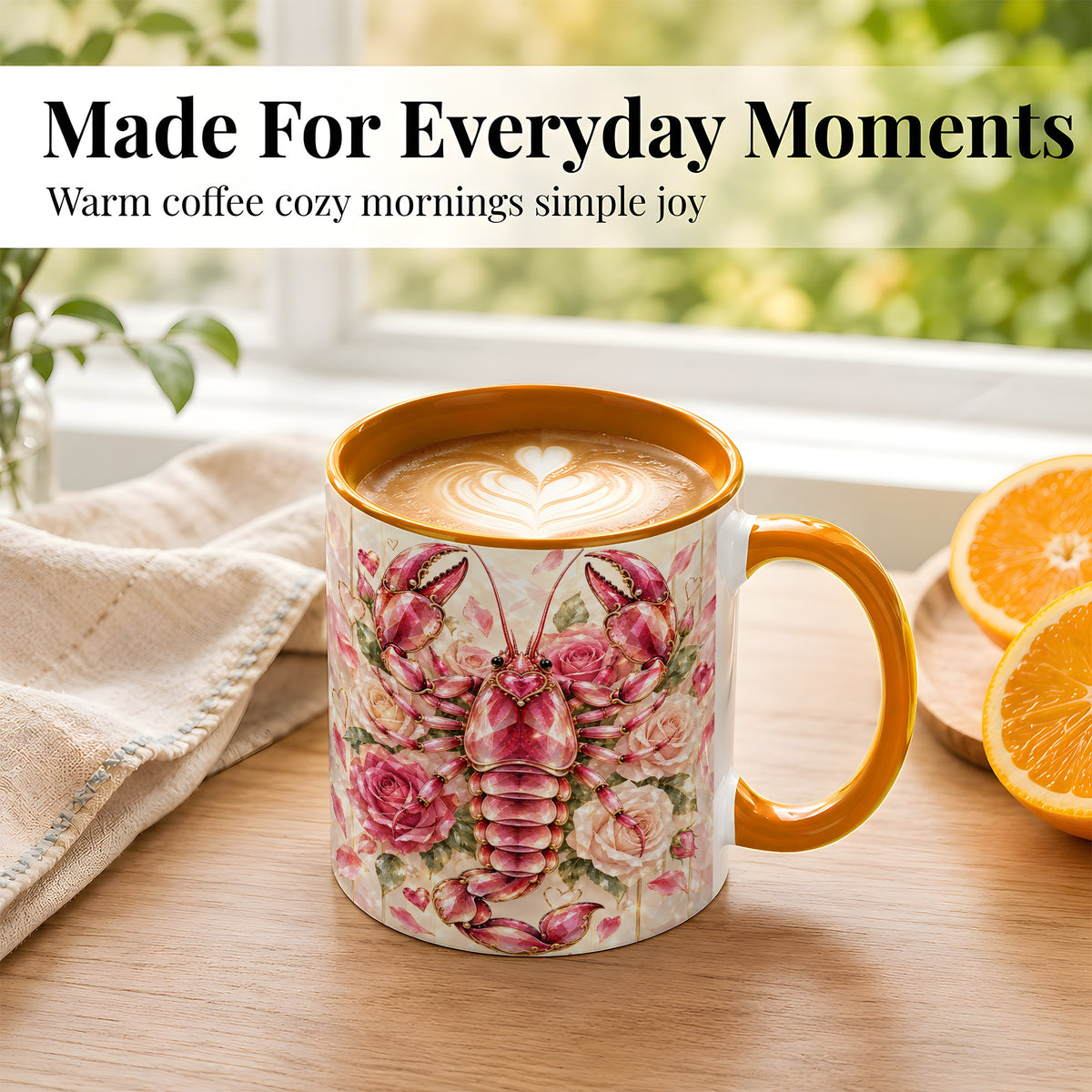 #pl[11oz|Orange] Crystal Lobster Coffee Mug, Pink Floral Mug, Ceramic Cup, Rose Art