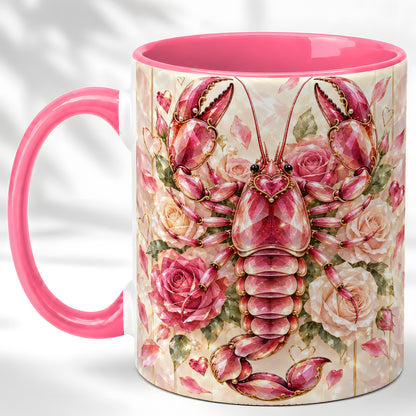 #pl[11oz|Pink] Crystal Lobster Coffee Mug, Pink Floral Mug, Ceramic Cup, Rose Art