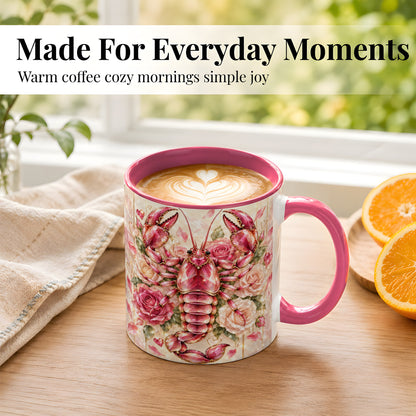 #pl[11oz|Pink] Crystal Lobster Coffee Mug, Pink Floral Mug, Ceramic Cup, Rose Art