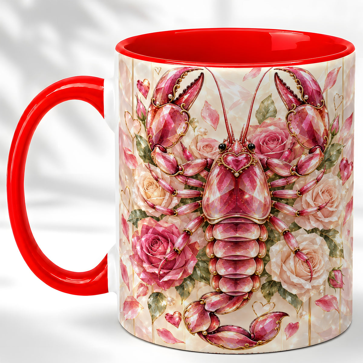 Crystal Lobster Coffee Mug, Pink Floral Mug, Ceramic Cup, Rose Art