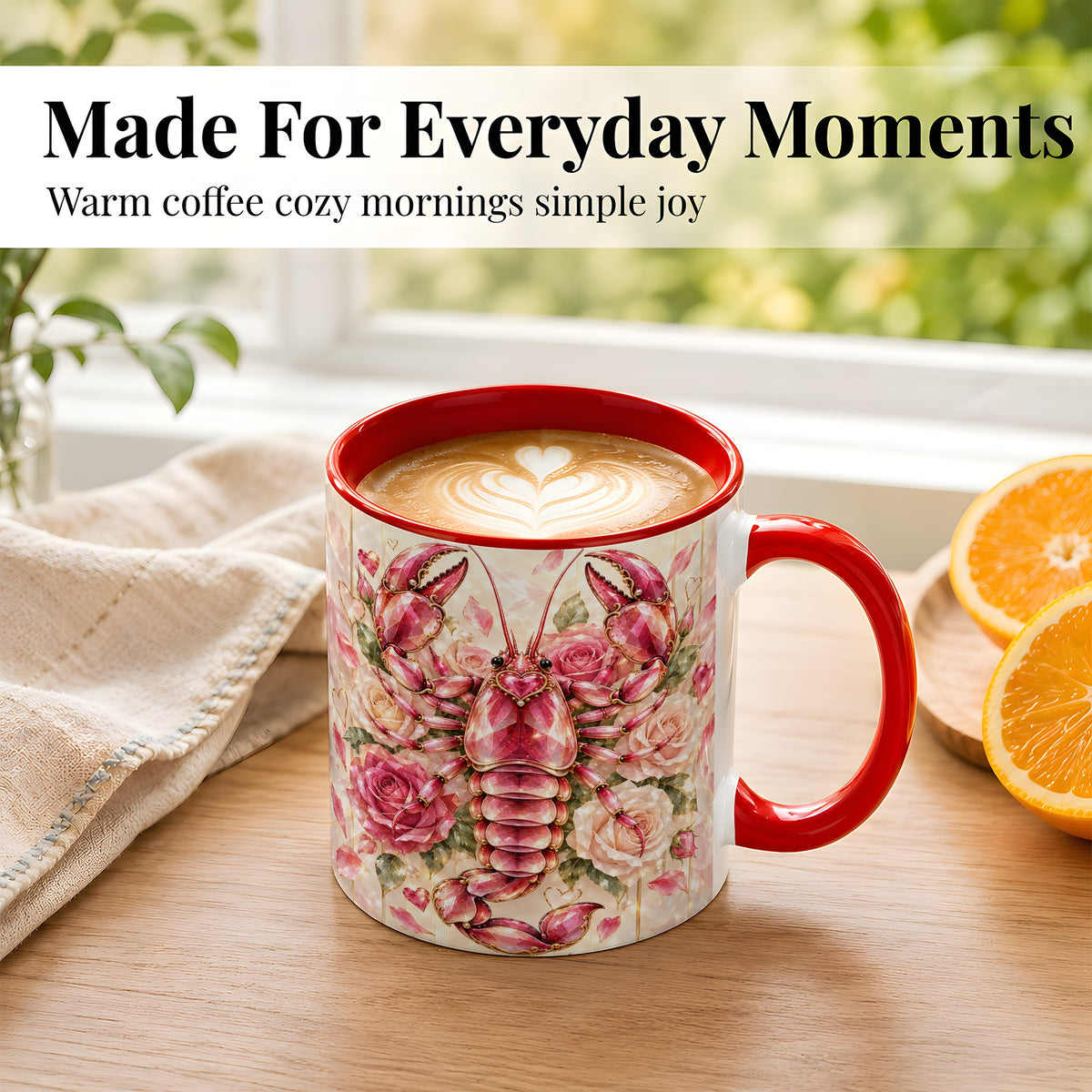 #pl[11oz|Red] Crystal Lobster Coffee Mug, Pink Floral Mug, Ceramic Cup, Rose Art