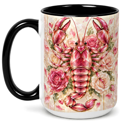 #pl[15oz|Black] Crystal Lobster Coffee Mug, Pink Floral Mug, Ceramic Cup, Rose Art