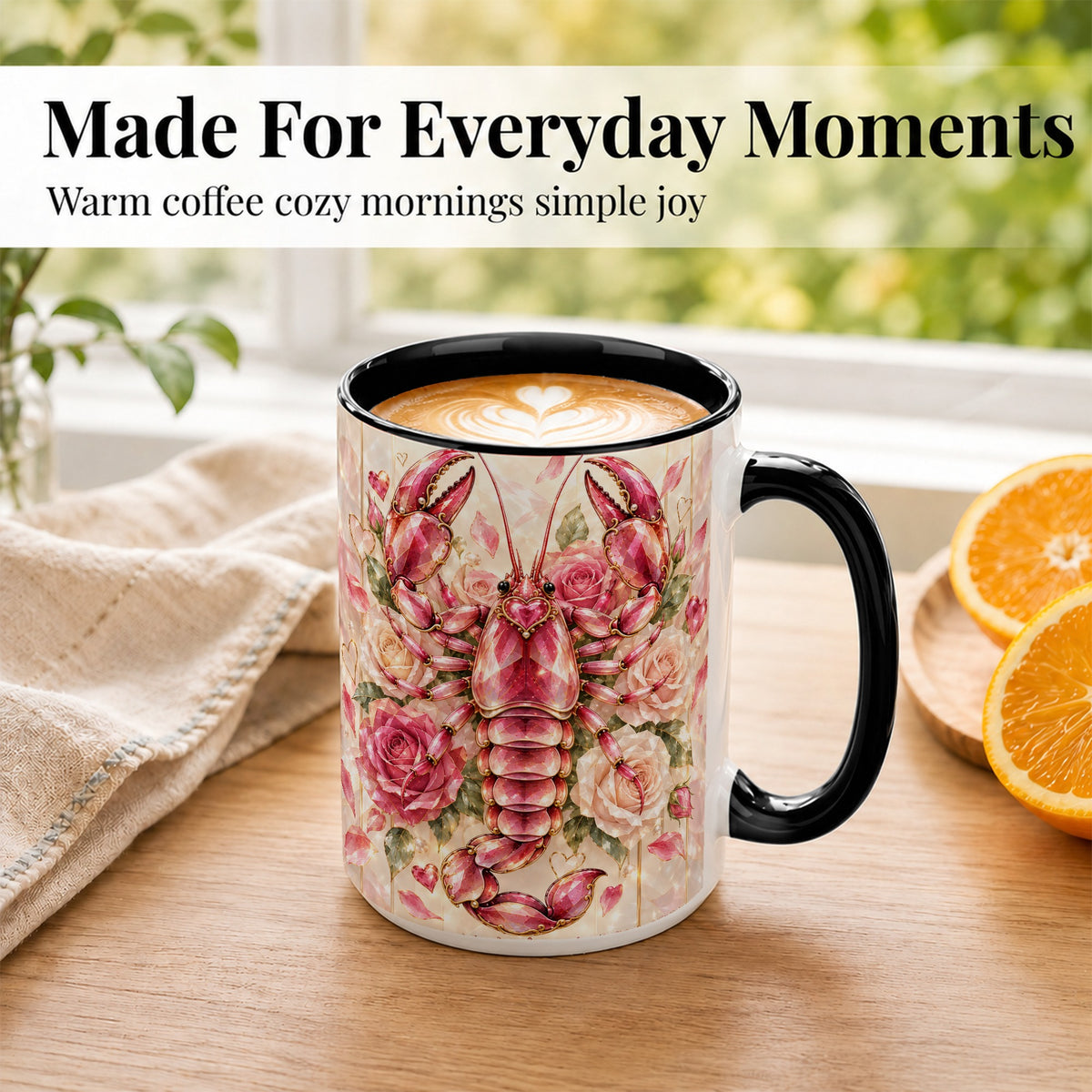 #pl[15oz|Black] Crystal Lobster Coffee Mug, Pink Floral Mug, Ceramic Cup, Rose Art