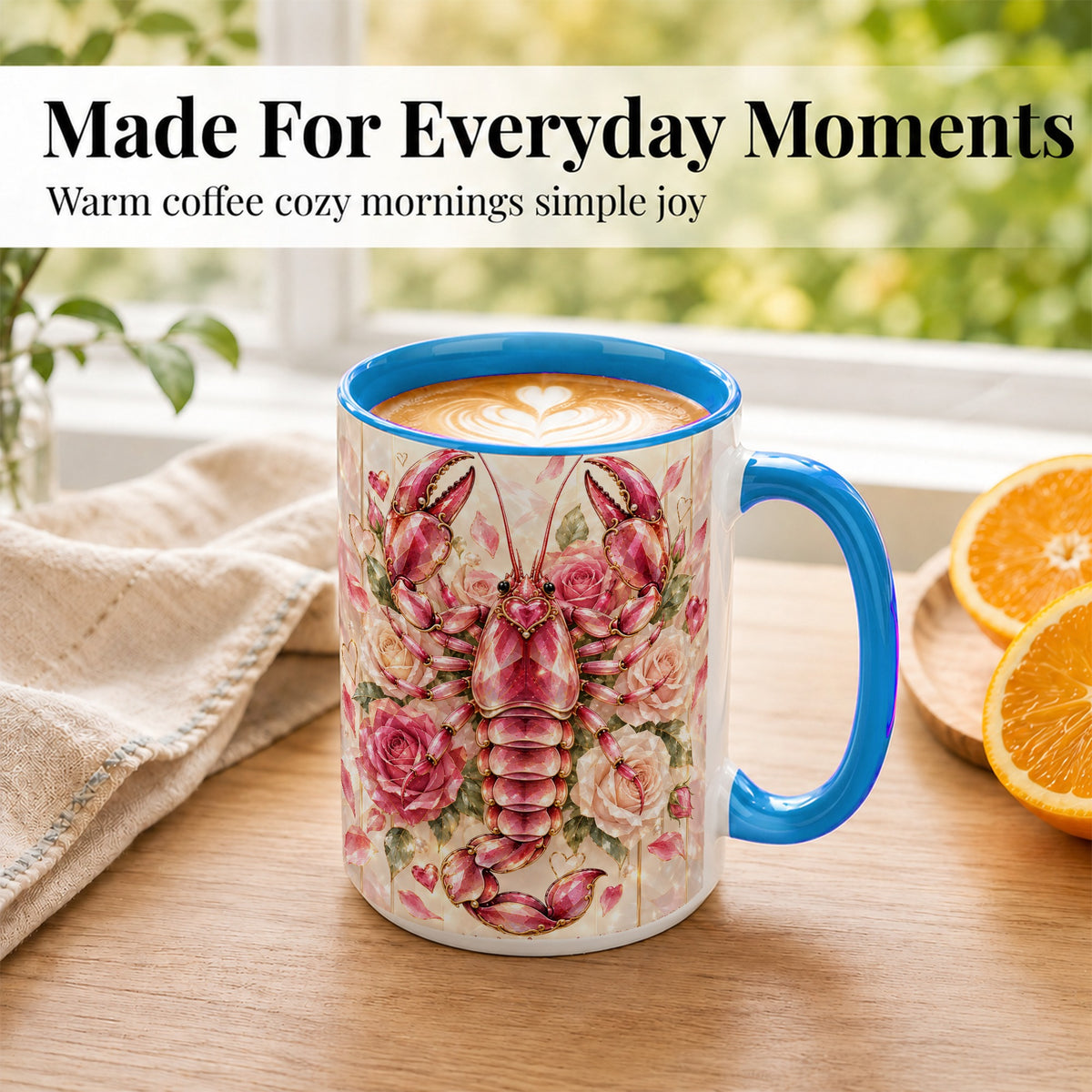 #pl[15oz|Blue] Crystal Lobster Coffee Mug, Pink Floral Mug, Ceramic Cup, Rose Art