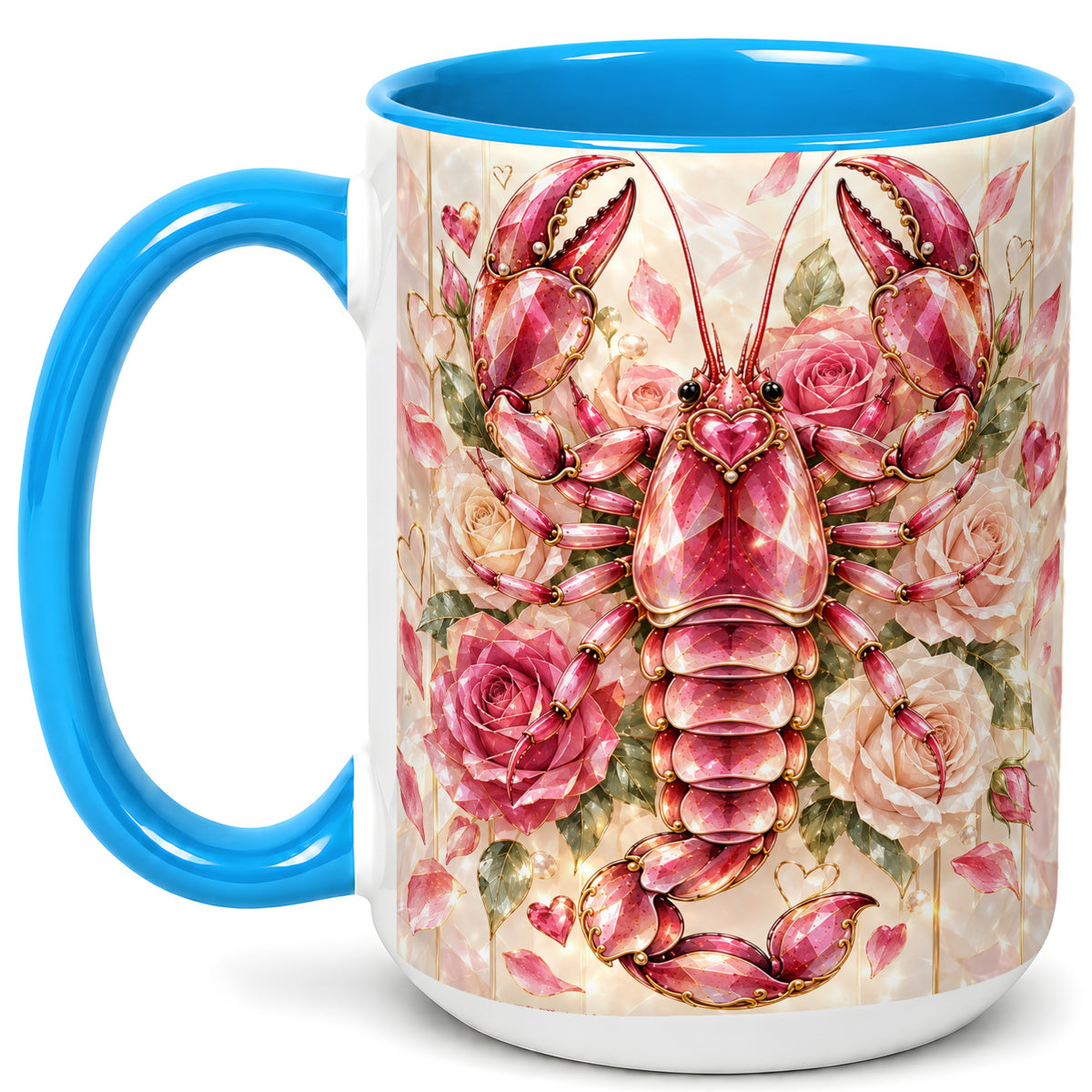 #pl[15oz|Blue] Crystal Lobster Coffee Mug, Pink Floral Mug, Ceramic Cup, Rose Art
