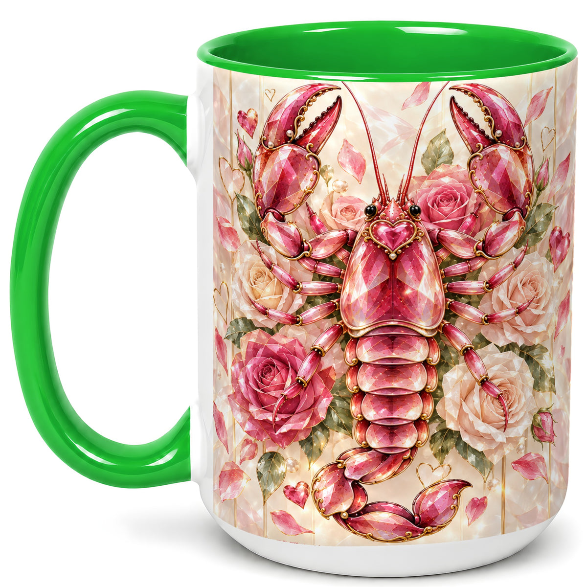 #pl[15oz|Green] Crystal Lobster Coffee Mug, Pink Floral Mug, Ceramic Cup, Rose Art