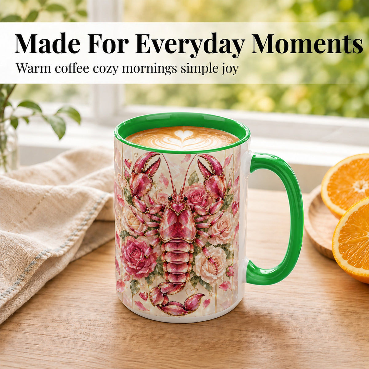 #pl[15oz|Green] Crystal Lobster Coffee Mug, Pink Floral Mug, Ceramic Cup, Rose Art
