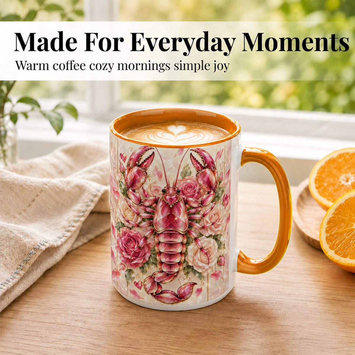 #pl[15oz|Orange] Crystal Lobster Coffee Mug, Pink Floral Mug, Ceramic Cup, Rose Art