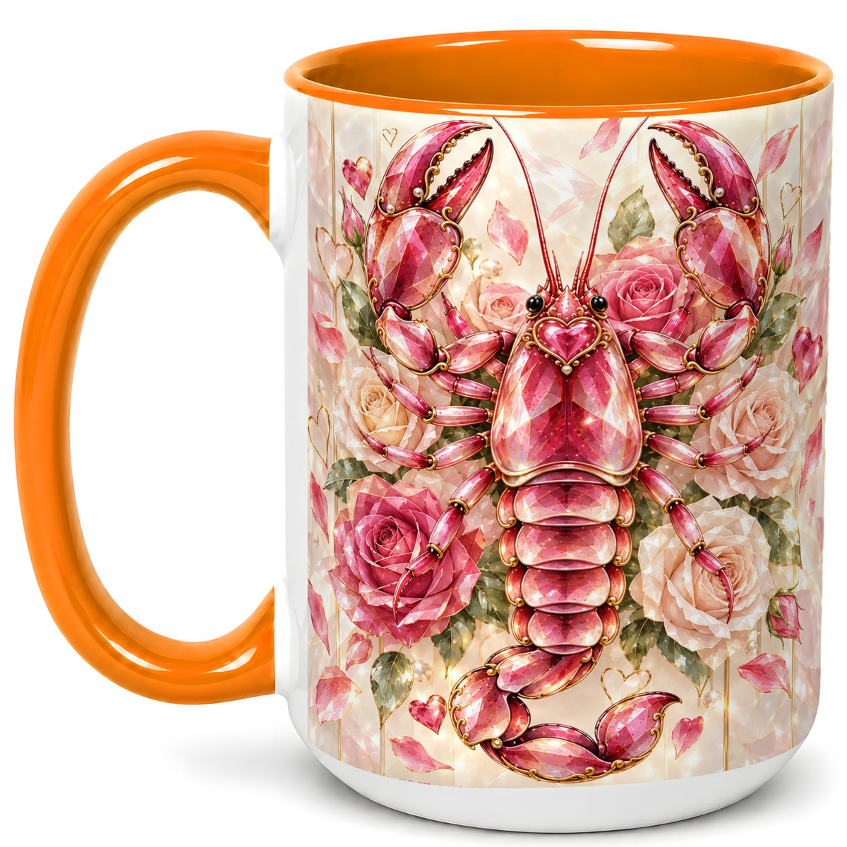 #pl[15oz|Orange] Crystal Lobster Coffee Mug, Pink Floral Mug, Ceramic Cup, Rose Art