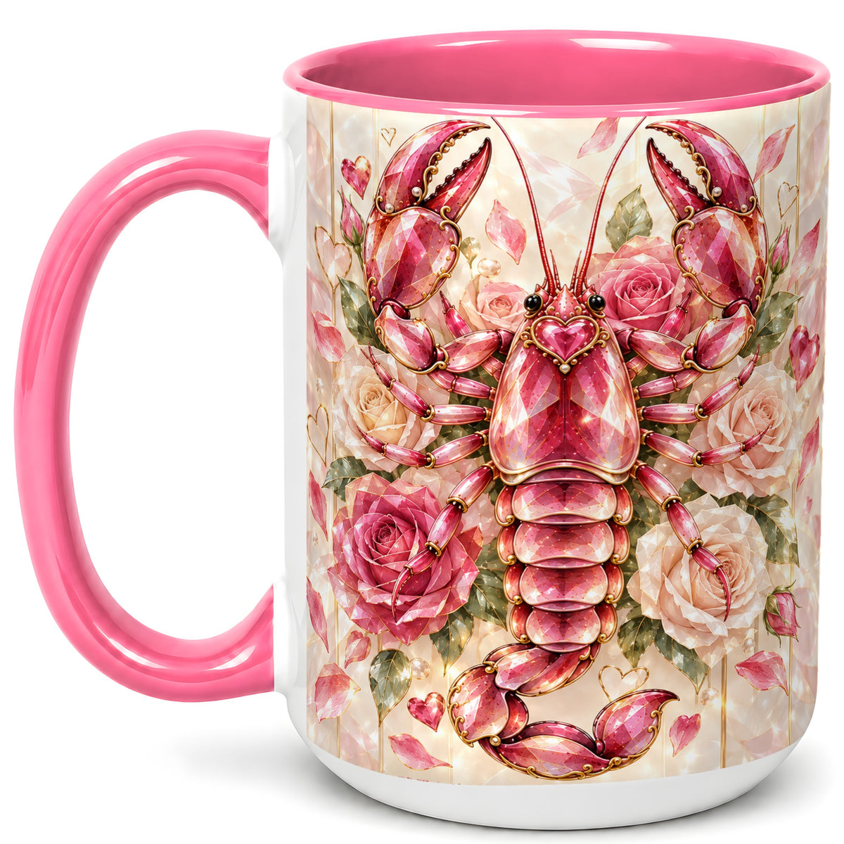 #pl[15oz|Pink] Crystal Lobster Coffee Mug, Pink Floral Mug, Ceramic Cup, Rose Art