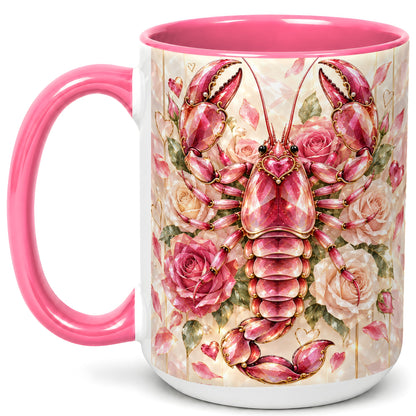 #pl[15oz|Pink] Crystal Lobster Coffee Mug, Pink Floral Mug, Ceramic Cup, Rose Art