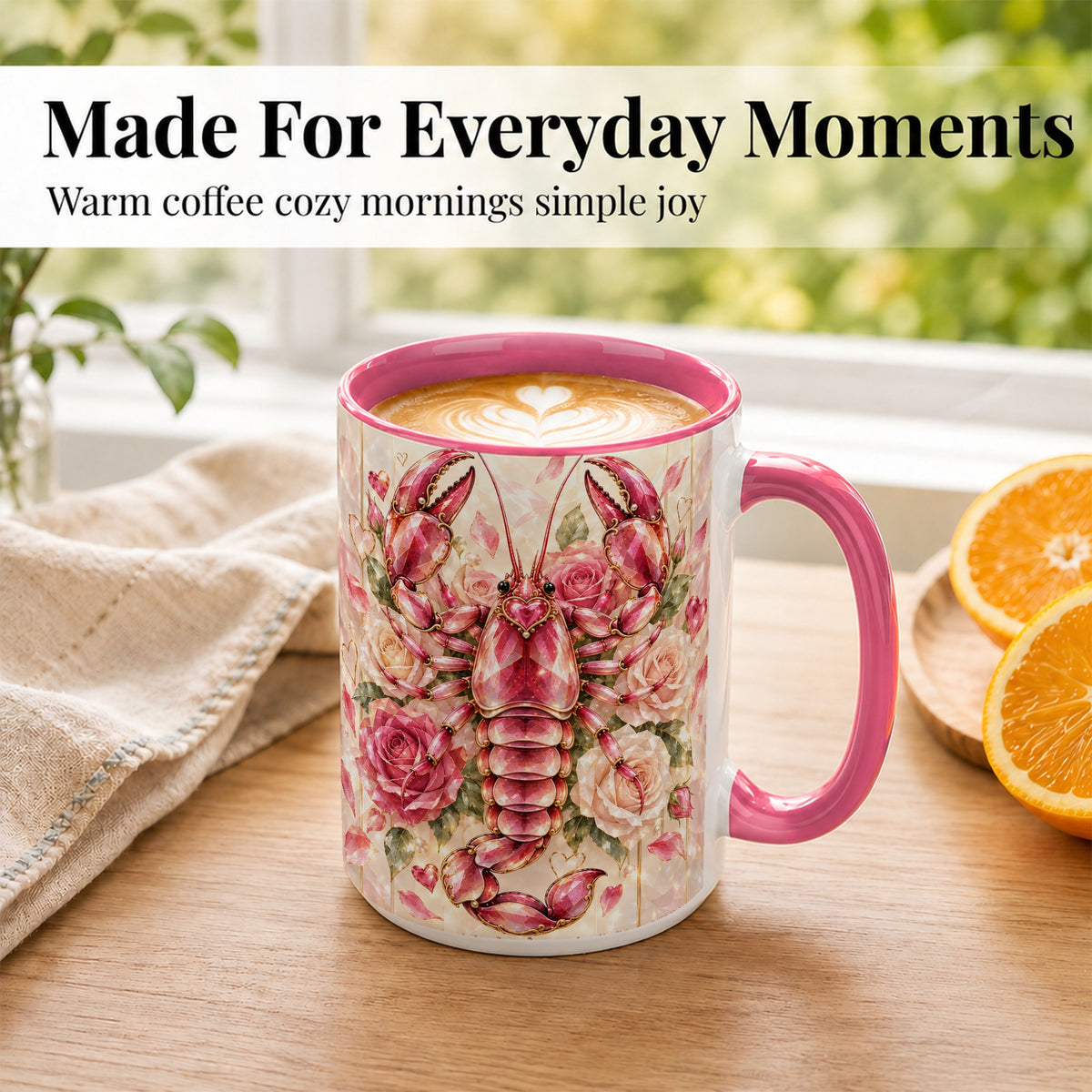 #pl[15oz|Pink] Crystal Lobster Coffee Mug, Pink Floral Mug, Ceramic Cup, Rose Art