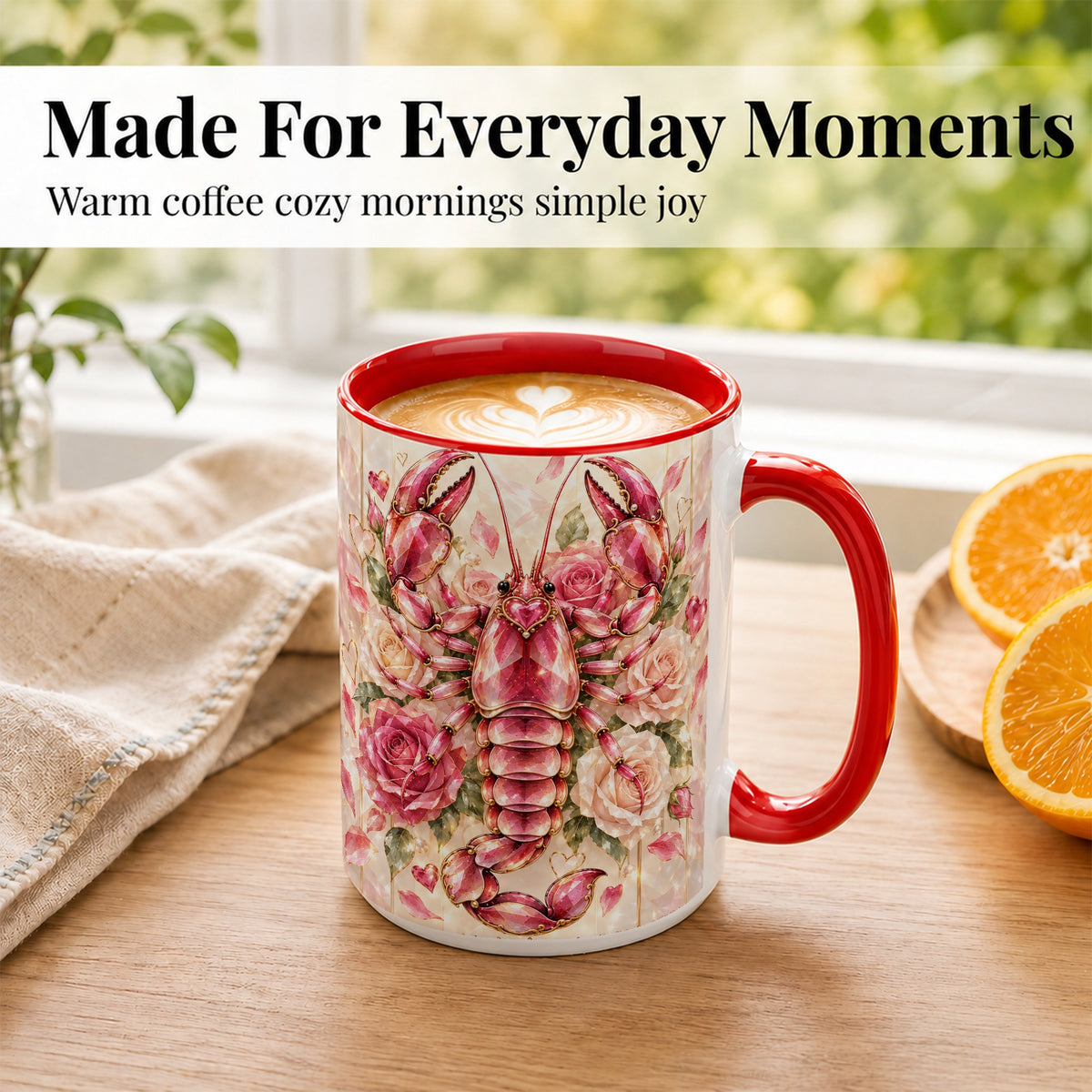 #pl[15oz|Red] Crystal Lobster Coffee Mug, Pink Floral Mug, Ceramic Cup, Rose Art