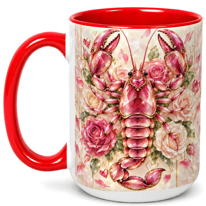 #pl[15oz|Red] Crystal Lobster Coffee Mug, Pink Floral Mug, Ceramic Cup, Rose Art