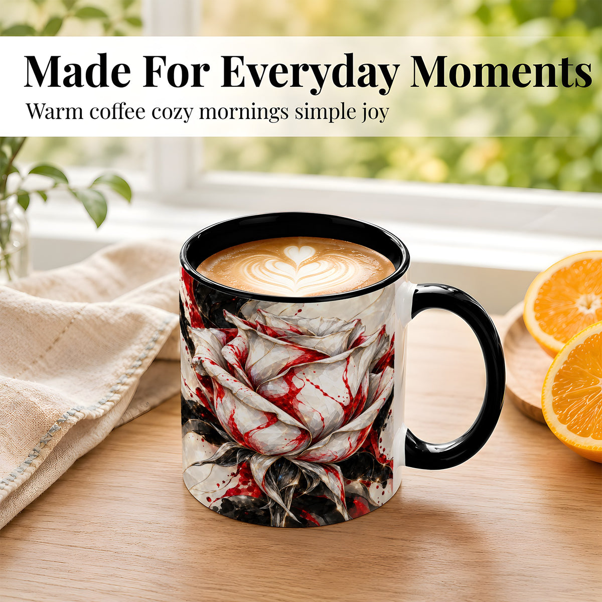 #pl[11oz|Black] Faceted Rose Coffee Mug, Crystal Floral Mug, Ceramic Cup with Red Art