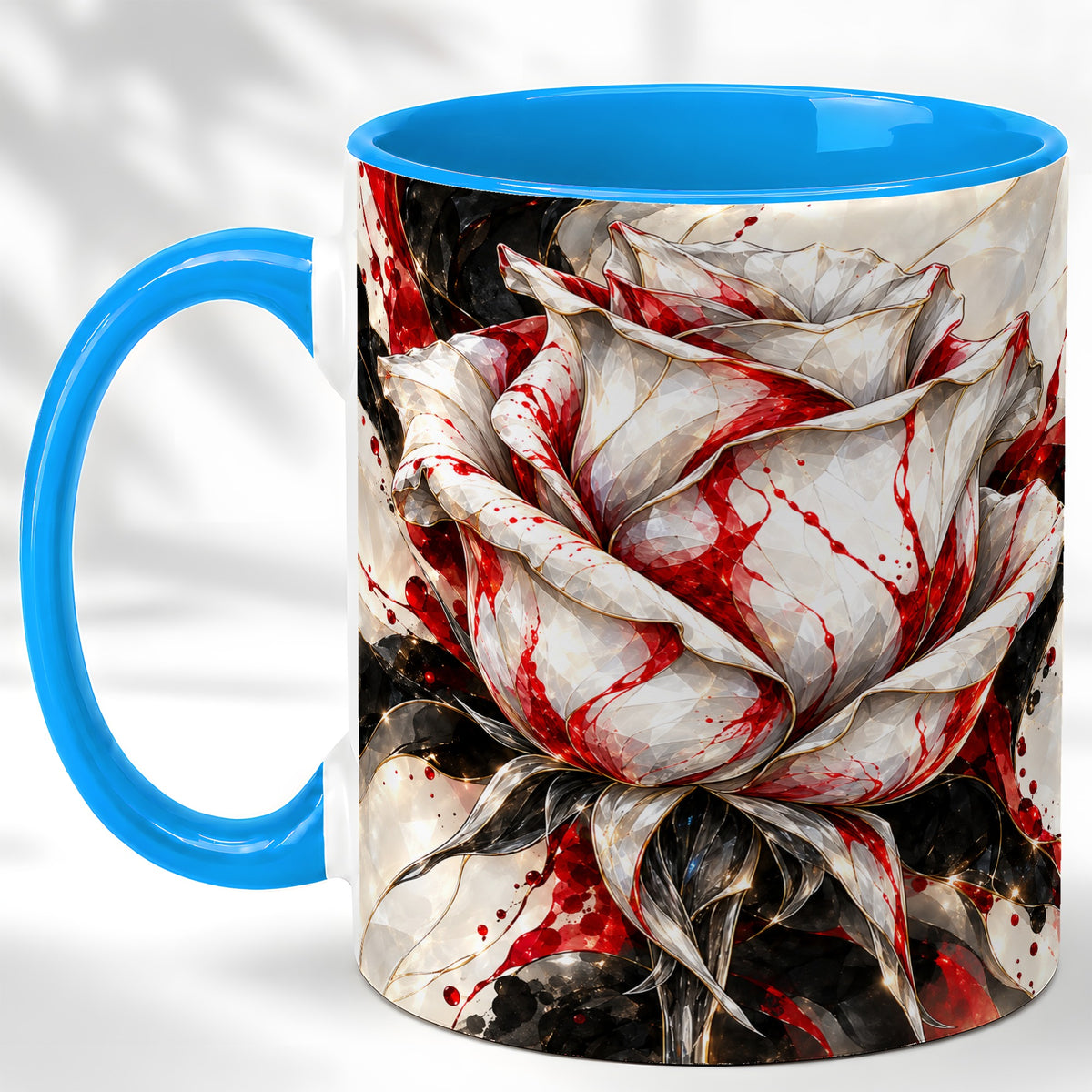 #pl[11oz|Blue] Faceted Rose Coffee Mug, Crystal Floral Mug, Ceramic Cup with Red Art