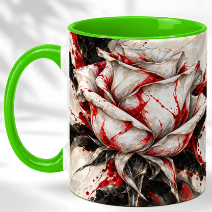 #pl[11oz|Green] Faceted Rose Coffee Mug, Crystal Floral Mug, Ceramic Cup with Red Art