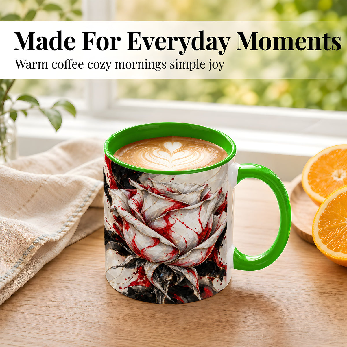 #pl[11oz|Green] Faceted Rose Coffee Mug, Crystal Floral Mug, Ceramic Cup with Red Art