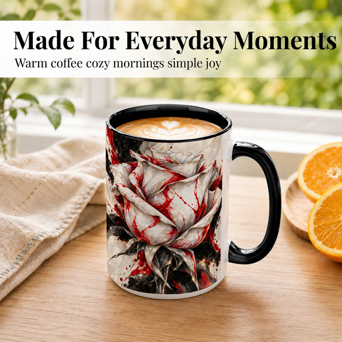 #pl[15oz|Black] Faceted Rose Coffee Mug, Crystal Floral Mug, Ceramic Cup with Red Art