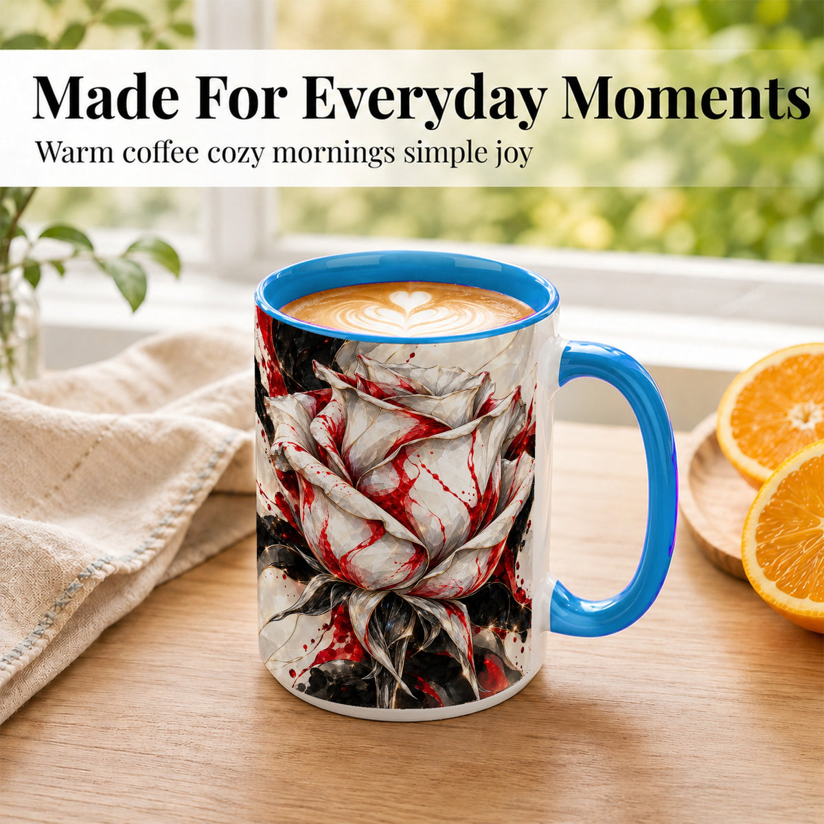 #pl[15oz|Blue] Faceted Rose Coffee Mug, Crystal Floral Mug, Ceramic Cup with Red Art