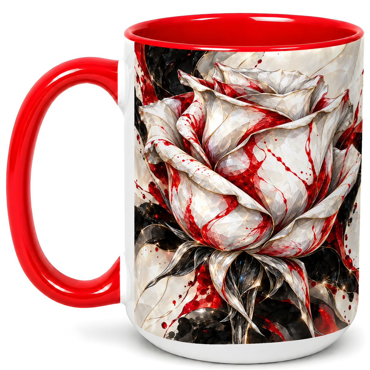 #pl[15oz|Red] Faceted Rose Coffee Mug, Crystal Floral Mug, Ceramic Cup with Red Art