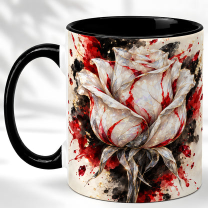 #pl[11oz|Black] White Crystal Rose Coffee Mug, Ruby Floral Mug, Ceramic Cup with Gold Art