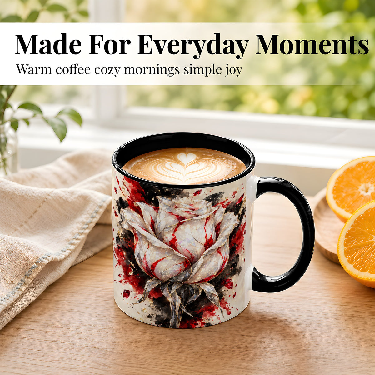 #pl[11oz|Black] White Crystal Rose Coffee Mug, Ruby Floral Mug, Ceramic Cup with Gold Art