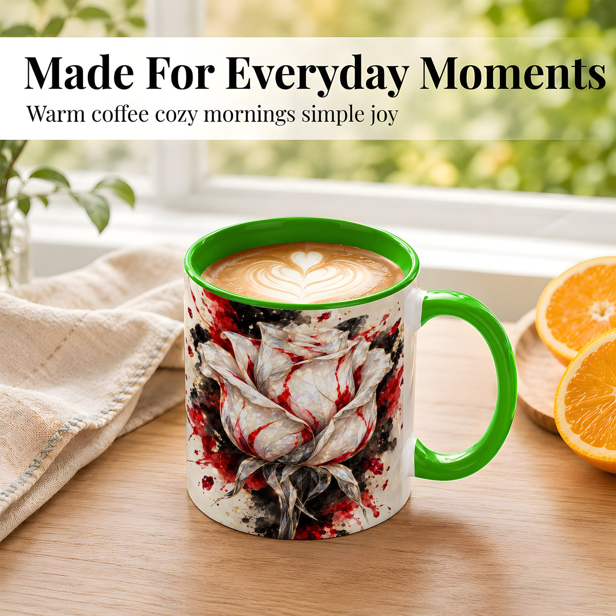 #pl[11oz|Green] White Crystal Rose Coffee Mug, Ruby Floral Mug, Ceramic Cup with Gold Art
