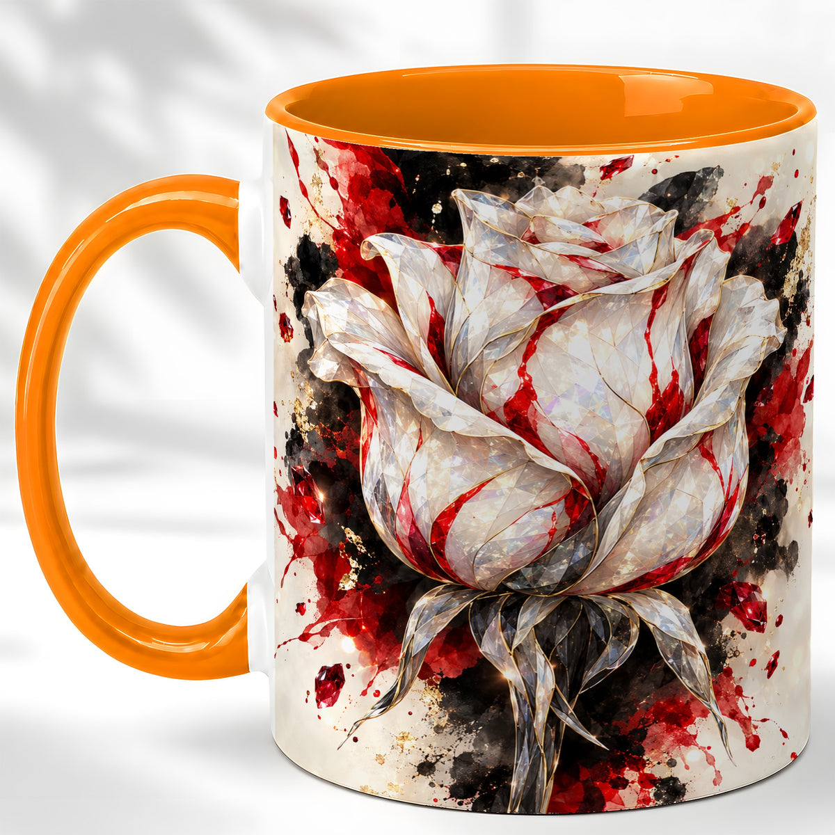 #pl[11oz|Orange] White Crystal Rose Coffee Mug, Ruby Floral Mug, Ceramic Cup with Gold Art