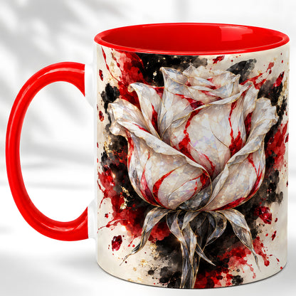 White Crystal Rose Coffee Mug, Ruby Floral Mug, Ceramic Cup with Gold Art