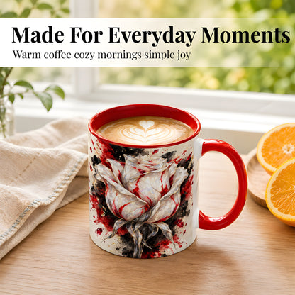 #pl[11oz|Red] White Crystal Rose Coffee Mug, Ruby Floral Mug, Ceramic Cup with Gold Art