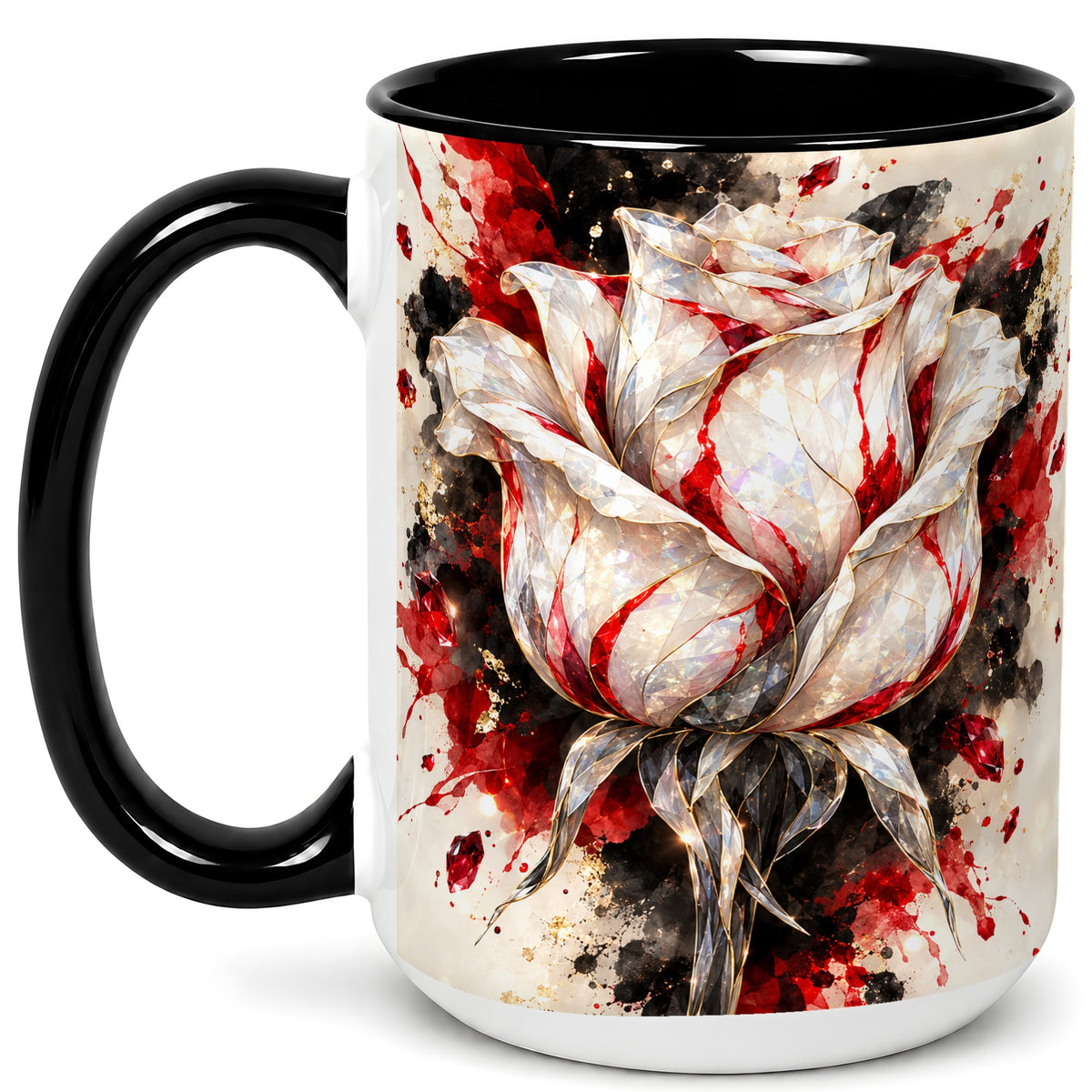 #pl[15oz|Black] White Crystal Rose Coffee Mug, Ruby Floral Mug, Ceramic Cup with Gold Art