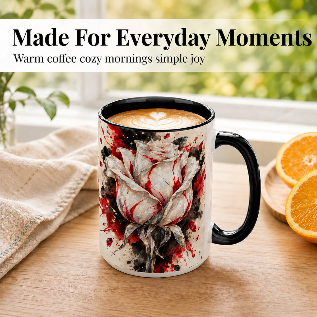 #pl[15oz|Black] White Crystal Rose Coffee Mug, Ruby Floral Mug, Ceramic Cup with Gold Art