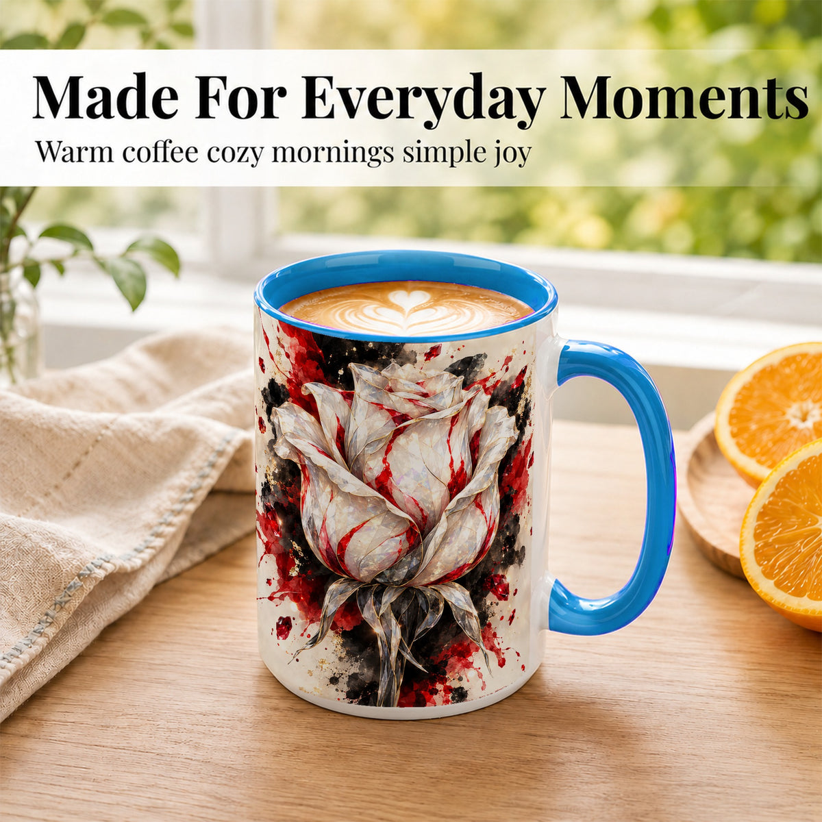 #pl[15oz|Blue] White Crystal Rose Coffee Mug, Ruby Floral Mug, Ceramic Cup with Gold Art