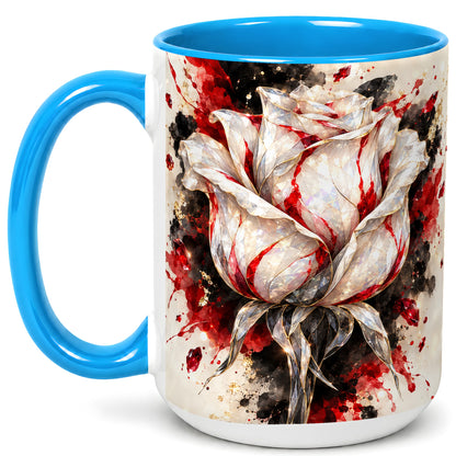 #pl[15oz|Blue] White Crystal Rose Coffee Mug, Ruby Floral Mug, Ceramic Cup with Gold Art