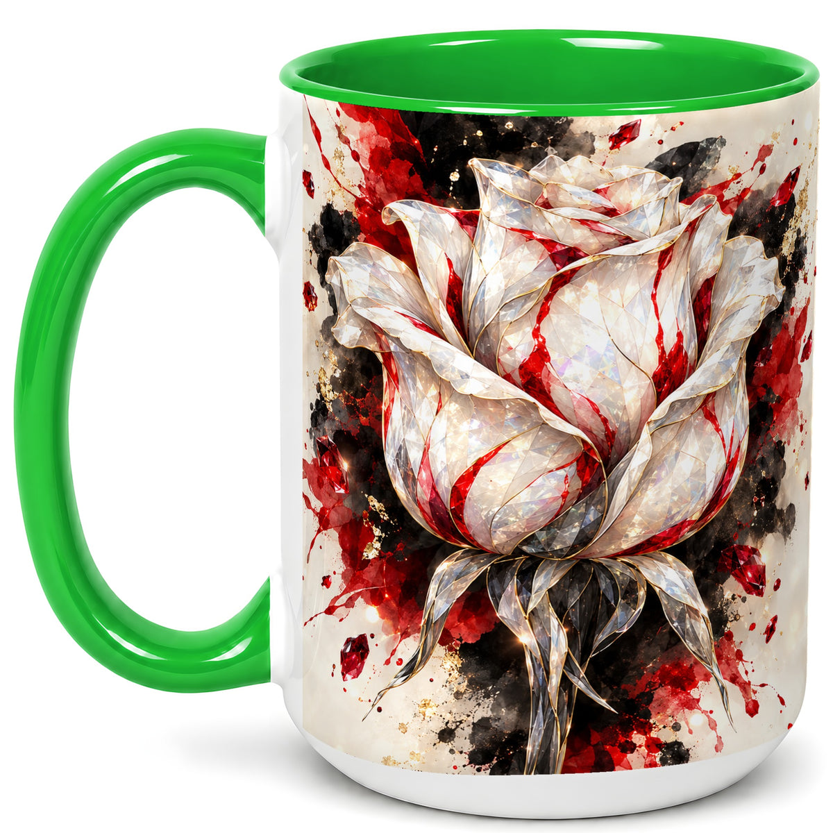 #pl[15oz|Green] White Crystal Rose Coffee Mug, Ruby Floral Mug, Ceramic Cup with Gold Art