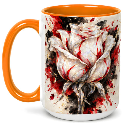 #pl[15oz|Orange] White Crystal Rose Coffee Mug, Ruby Floral Mug, Ceramic Cup with Gold Art