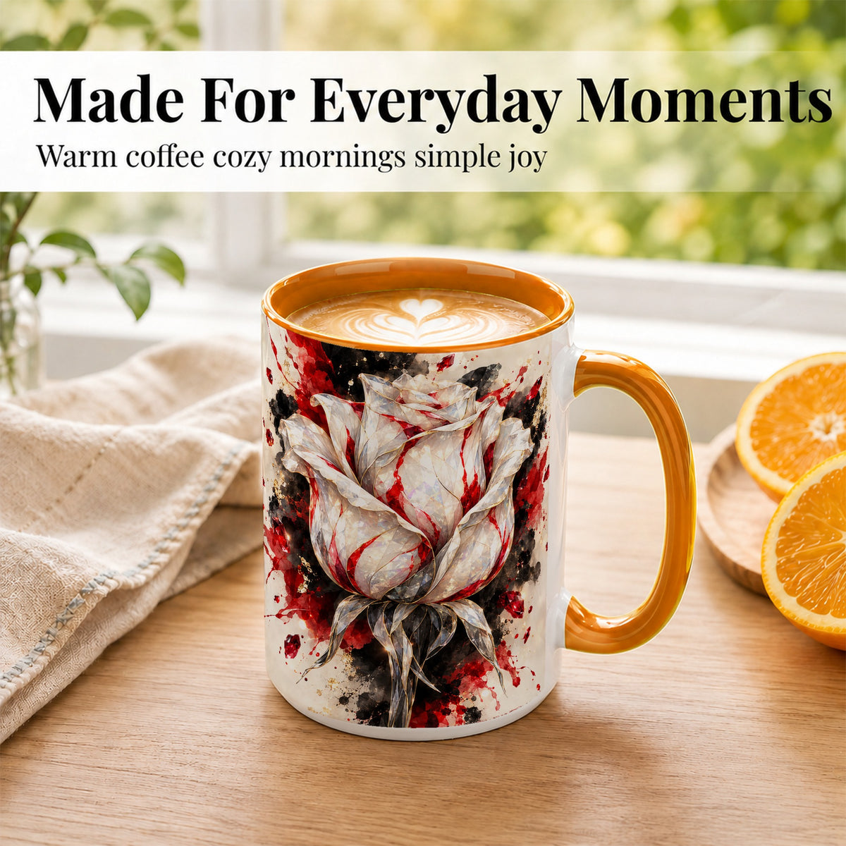 #pl[15oz|Orange] White Crystal Rose Coffee Mug, Ruby Floral Mug, Ceramic Cup with Gold Art