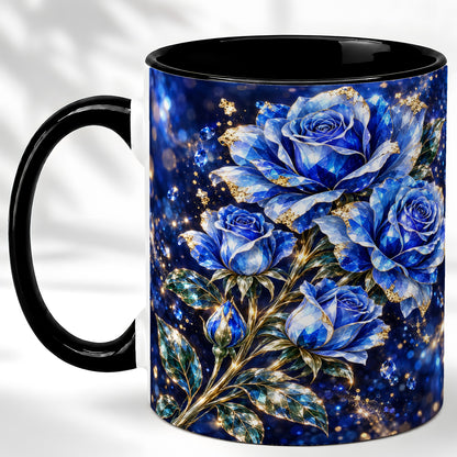 #pl[11oz|Black] Blue Crystal Rose Coffee Mug, Sapphire Floral Mug, Ceramic Cup