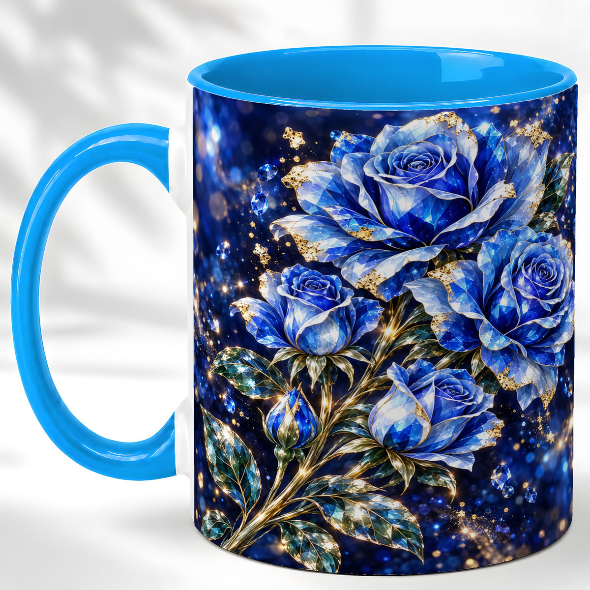 #pl[11oz|Blue] Blue Crystal Rose Coffee Mug, Sapphire Floral Mug, Ceramic Cup