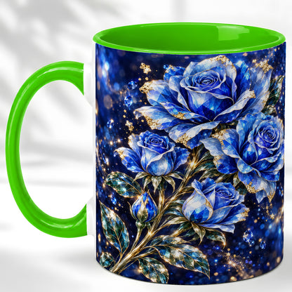 #pl[11oz|Green] Blue Crystal Rose Coffee Mug, Sapphire Floral Mug, Ceramic Cup
