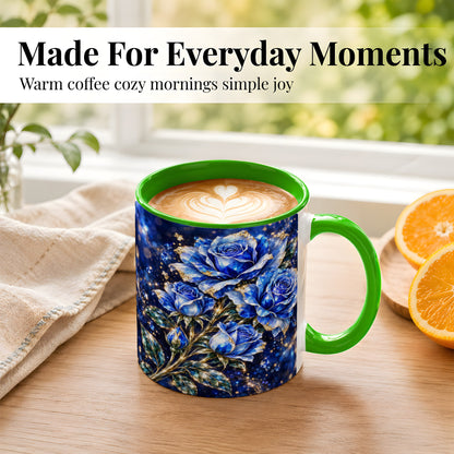 #pl[11oz|Green] Blue Crystal Rose Coffee Mug, Sapphire Floral Mug, Ceramic Cup