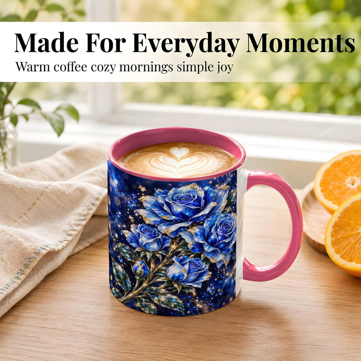 #pl[11oz|Pink] Blue Crystal Rose Coffee Mug, Sapphire Floral Mug, Ceramic Cup