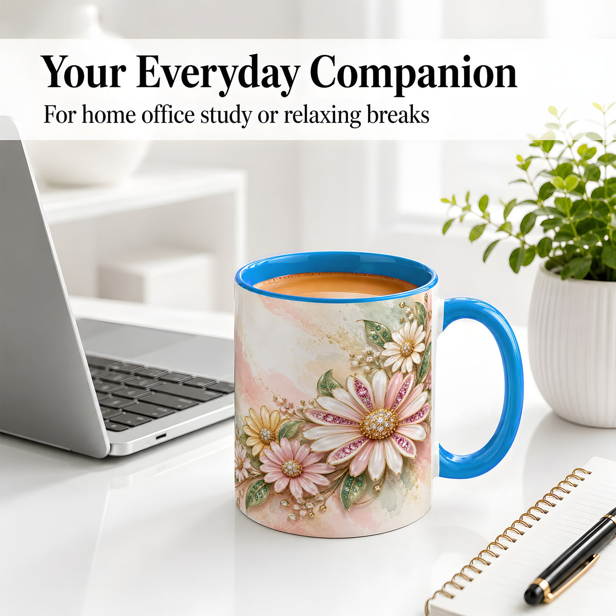 #pl[11oz|Blue] Jeweled Daisy Floral Ceramic Mug with Pink Botanical Artwork