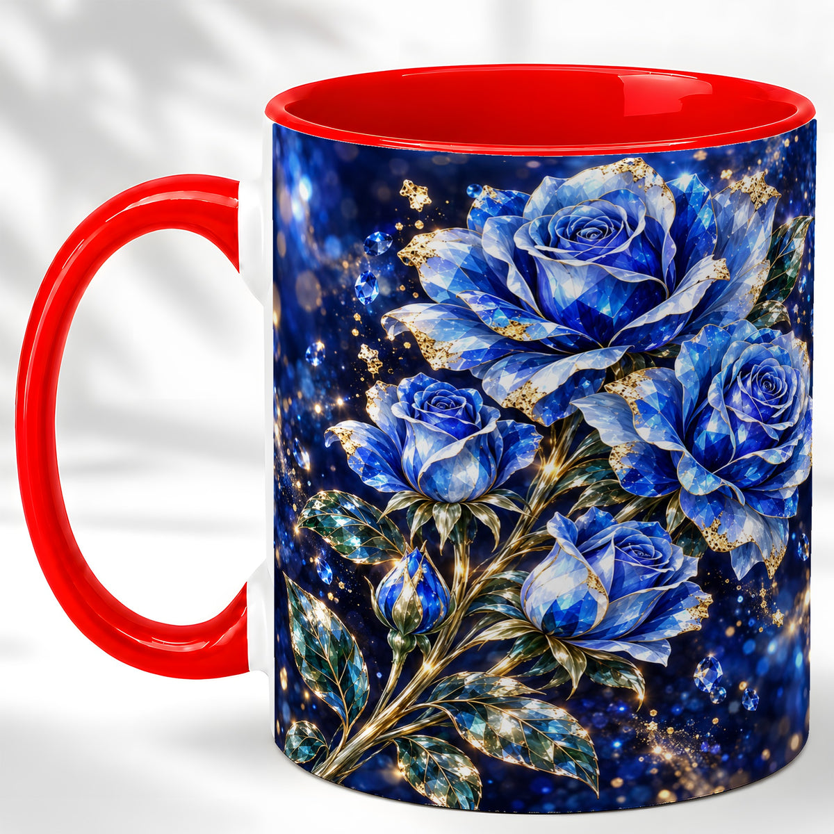 Blue Crystal Rose Coffee Mug, Sapphire Floral Mug, Ceramic Cup