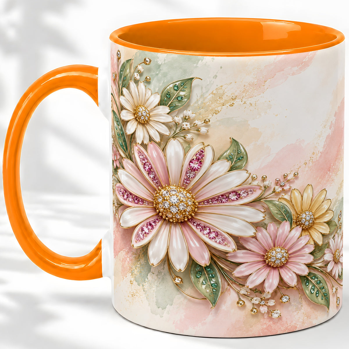 #pl[11oz|Orange] Jeweled Daisy Floral Ceramic Mug with Pink Botanical Artwork