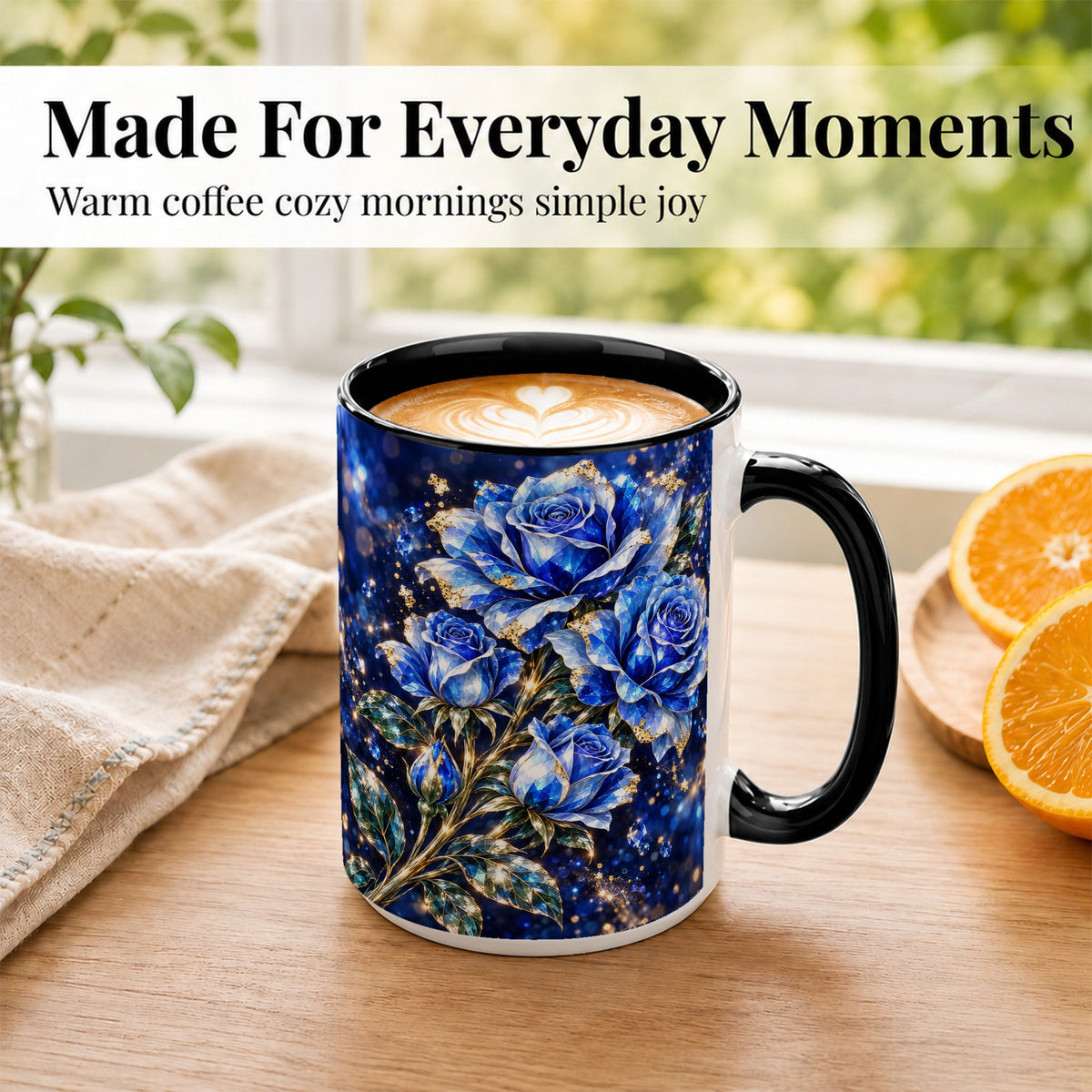#pl[15oz|Black] Blue Crystal Rose Coffee Mug, Sapphire Floral Mug, Ceramic Cup